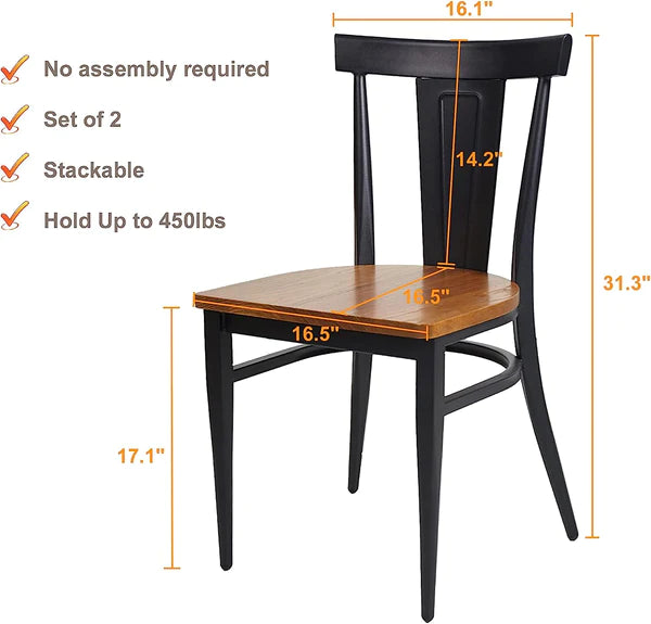 2 Set of  Dining Room Side Chair Wood Kitchen Chairs with Metal Legs Fully Assembled, Retro Back, Black