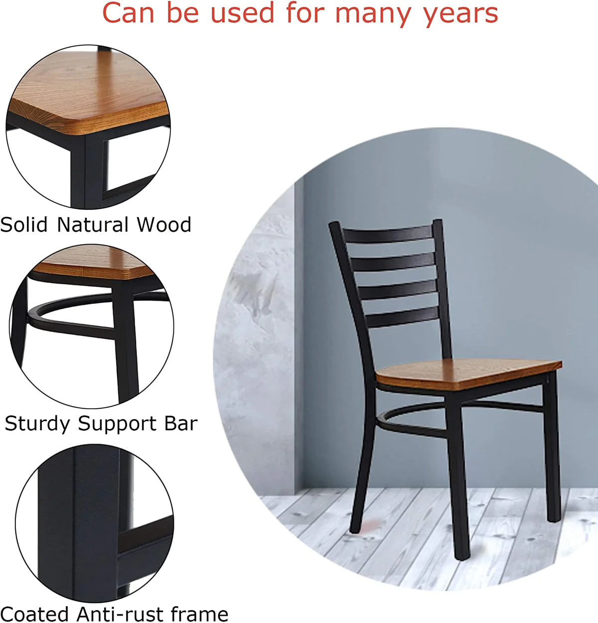 2 Set of  Kitchen Dining Chairs Wood Seat with Metal Legs Fully Assembled, Ladder Back