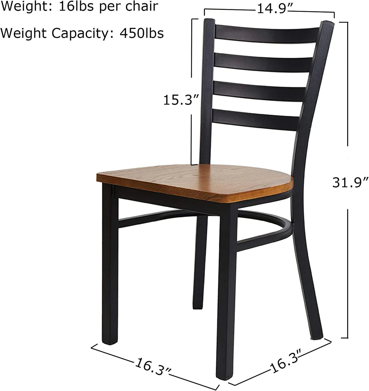 2 Set of  Kitchen Dining Chairs Wood Seat with Metal Legs Fully Assembled, Ladder Back