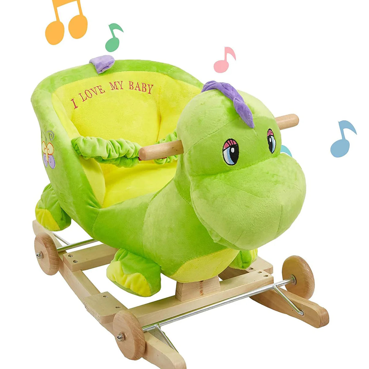 2-in-1 Ride-on Wooden Plush Rocking Horse Chair with Music for Baby Kids Toddlers, Green Dinosaur