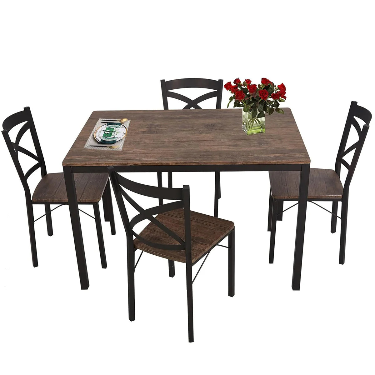 5 Piece Dining Table Set, 1 Dining Table 47.2  for 4 with 4 Dining Chairs Modern Dinette, Metal Backrest