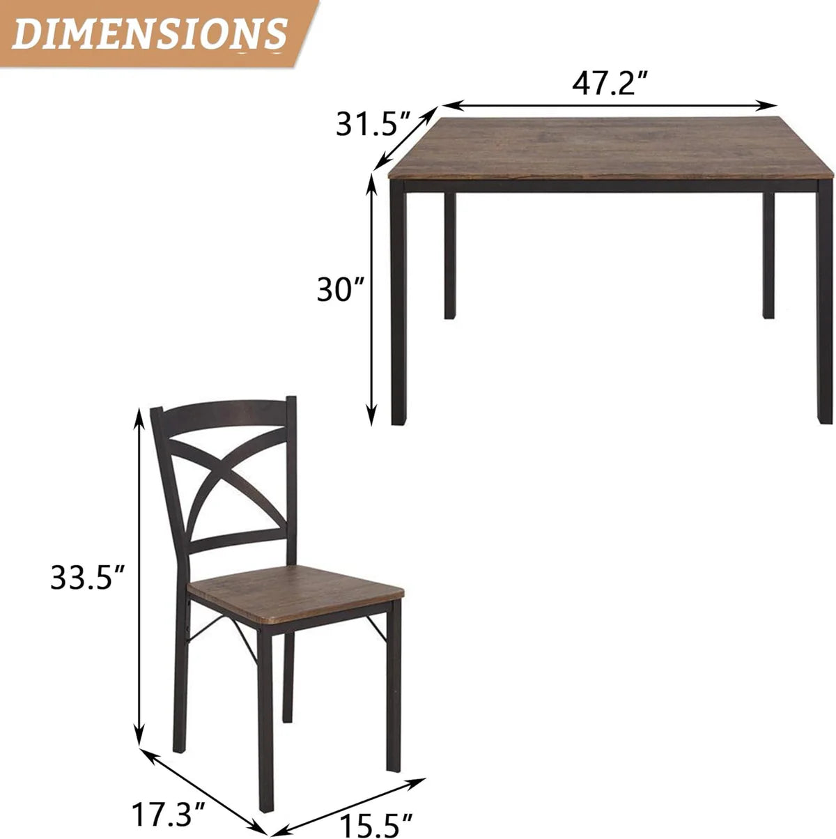 5 Piece Dining Table Set, 1 Dining Table 47.2  for 4 with 4 Dining Chairs Modern Dinette, Metal Backrest