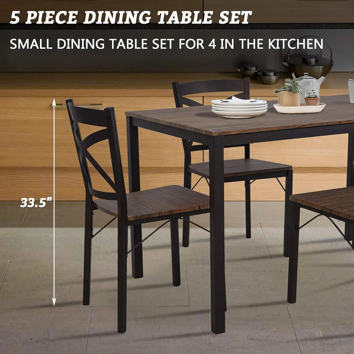 5 Piece Dining Table Set, 1 Dining Table 47.2  for 4 with 4 Dining Chairs Modern Dinette, Metal Backrest