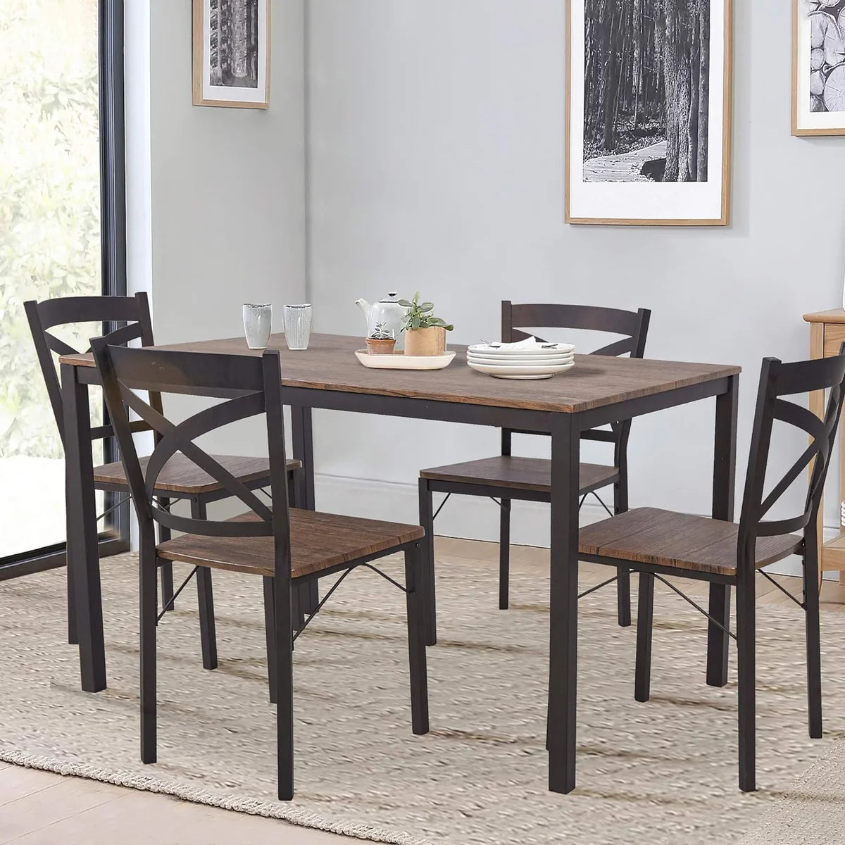 5 Piece Dining Table Set, 1 Dining Table 47.2" for 4 with 4 Dining Chairs Modern Dinette, Metal Backrest