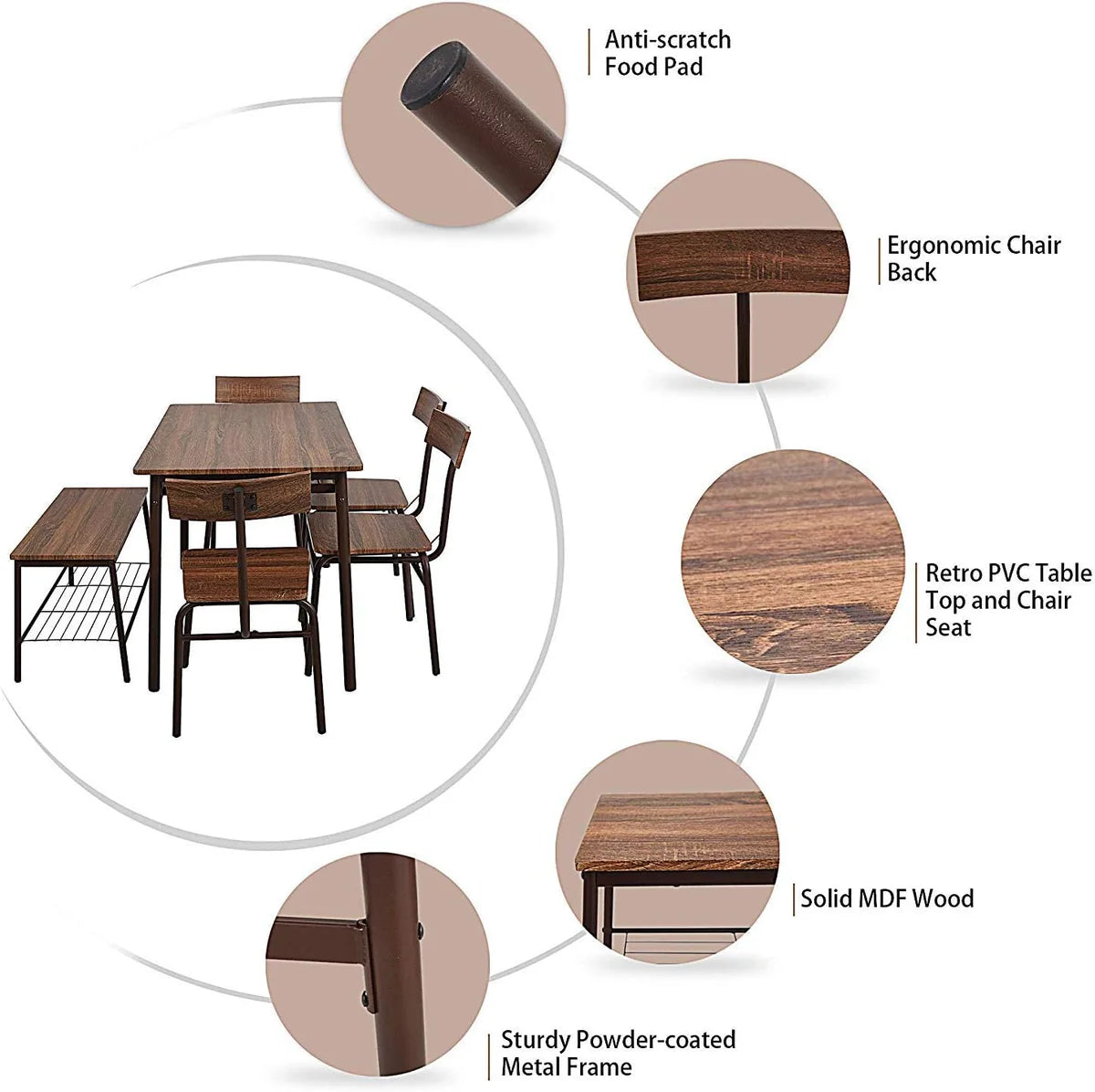 6 Piece Dining Table Set, 1 Dining Table 43.3  for 4-6 with 4 Dining Chairs and 1 Bench Compact Wooden Dinette, Wood Backrest