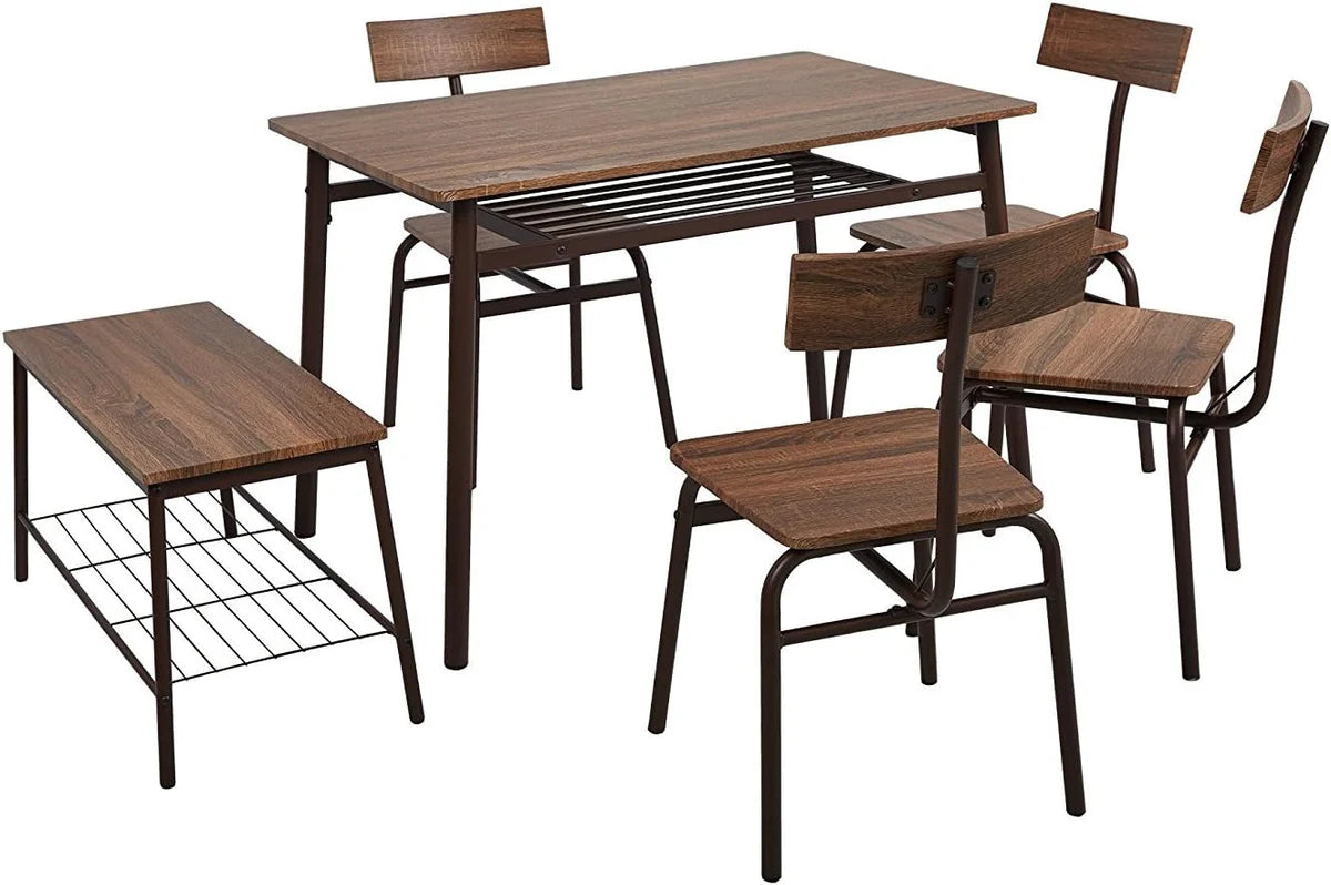 6 Piece Dining Table Set, 1 Dining Table 43.3  for 4-6 with 4 Dining Chairs and 1 Bench Compact Wooden Dinette, Wood Backrest