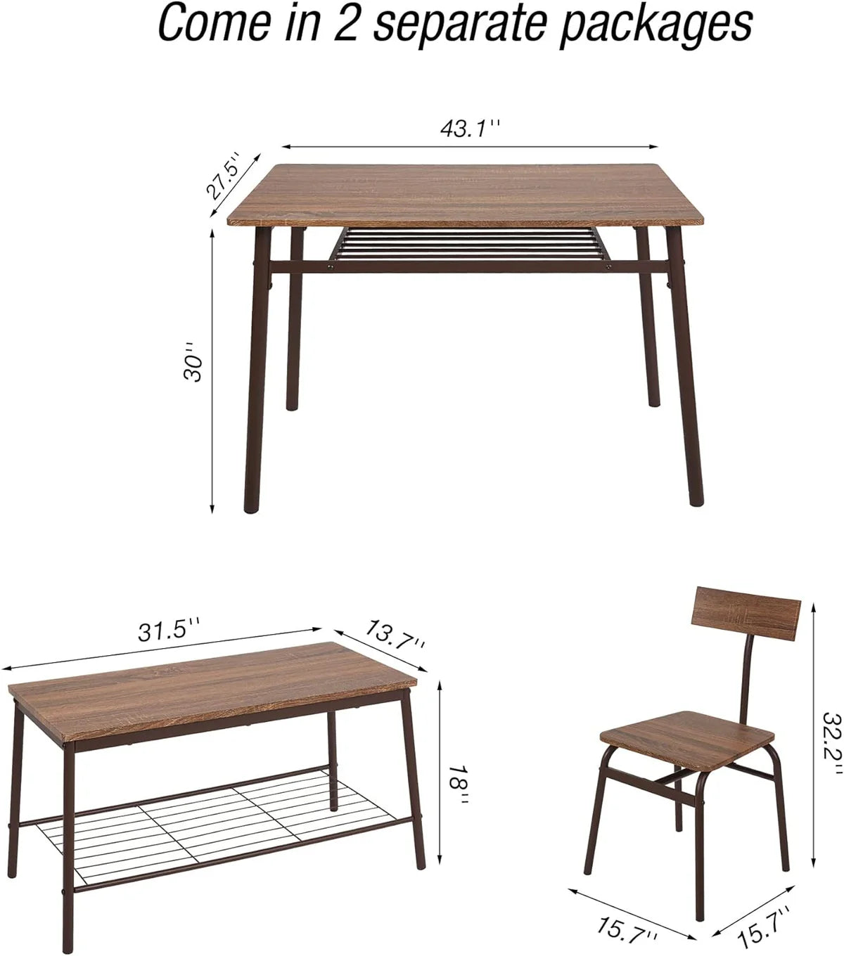 6 Piece Dining Table Set, 1 Dining Table 43.3  for 4-6 with 4 Dining Chairs and 1 Bench Compact Wooden Dinette, Wood Backrest