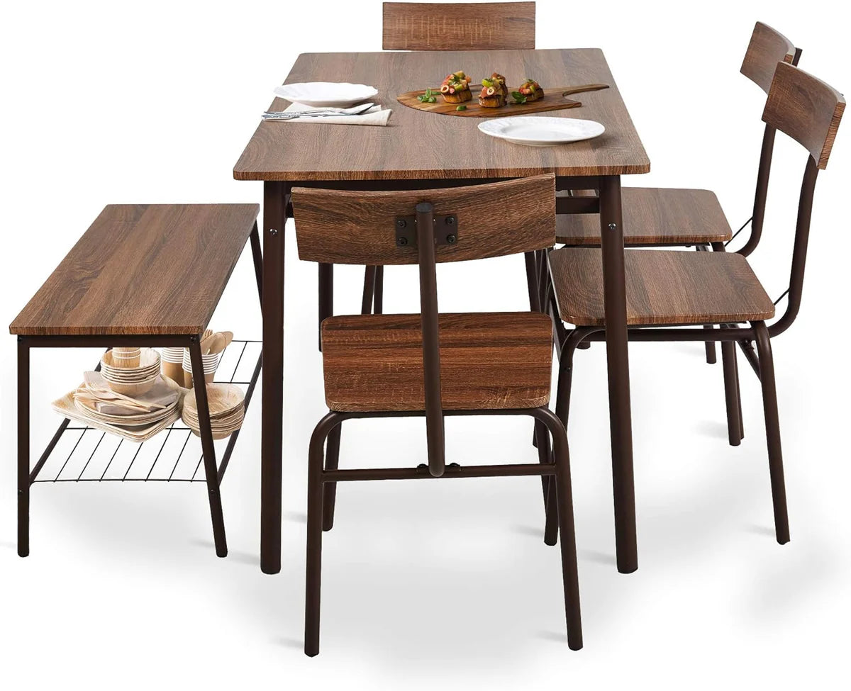 6 Piece Dining Table Set, 1 Dining Table 43.3  for 4-6 with 4 Dining Chairs and 1 Bench Compact Wooden Dinette, Wood Backrest