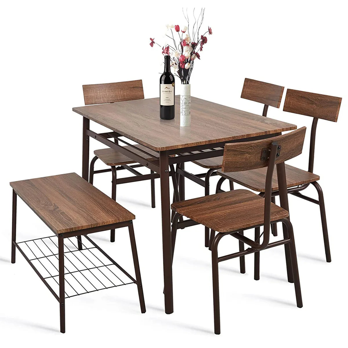 6 Piece Dining Table Set, 1 Dining Table 43.3  for 4-6 with 4 Dining Chairs and 1 Bench Compact Wooden Dinette, Wood Backrest