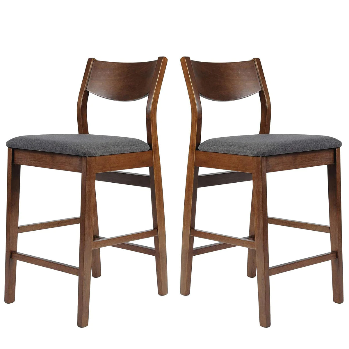 2 Set of Wood Dining Chairs Bar Stools Upholstered 24" High Chairs, Dark Gray Fabric and Walnut Finish