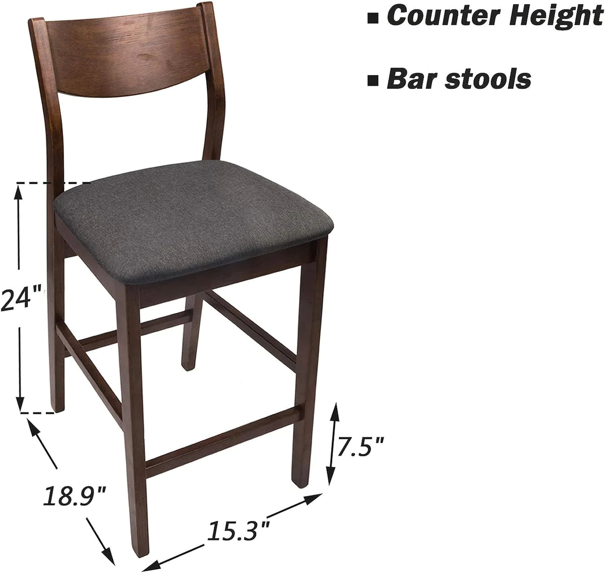 2 Set of Wood Dining Chairs Bar Stools Upholstered 24  High Chairs, Dark Gray Fabric and Walnut Finish