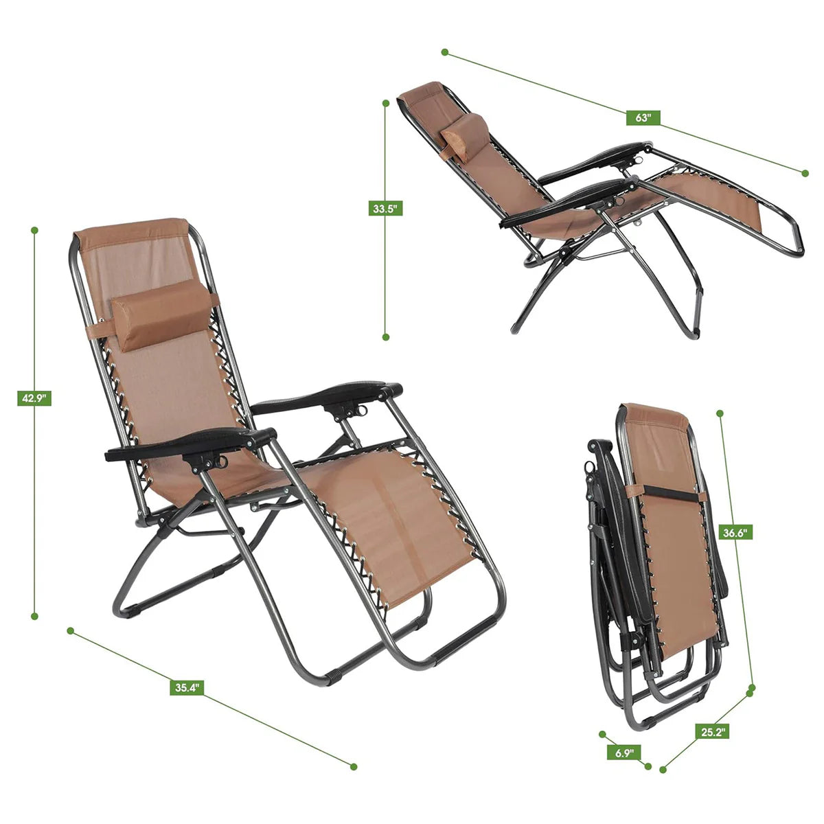 Set of 2 Adjustable Zero Gravity Chair, Folding Reclining Patio Lounge Chair with Pillow