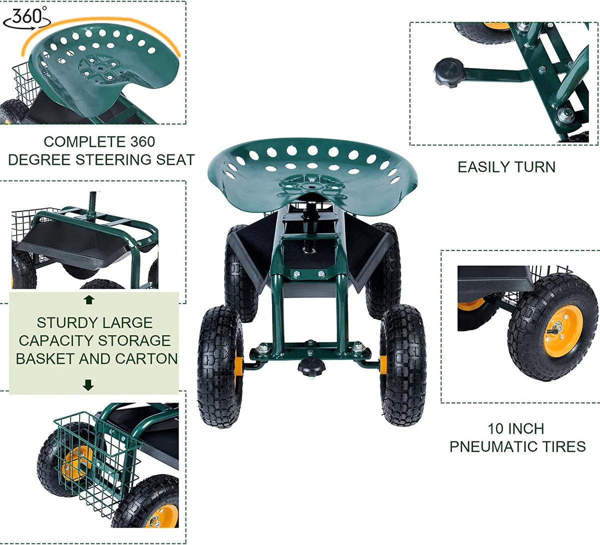 Rolling Garden Cart with Seat Lawn Yard Patio Work Seat