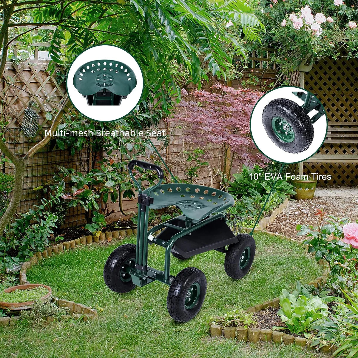 Rolling Garden Cart with Seat Lawn Yard Patio Work Seat Gardening Stool