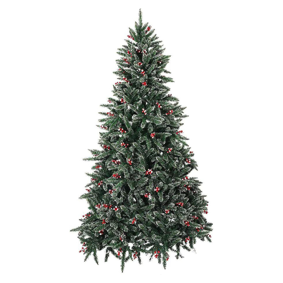 7’ Artificial Christmas Tree with 1390 Branch Tips, Snow Flocked, Red Cheery, Green | karmasfar.us