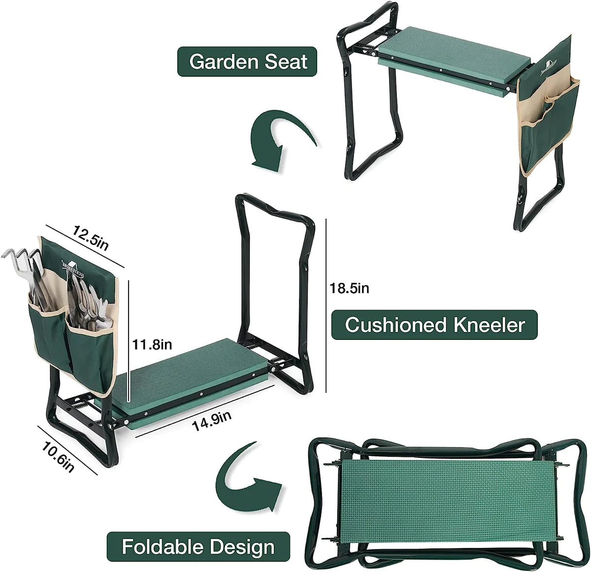 Portable Foldable Garden Kneeler Bench with Tools Bag, Green