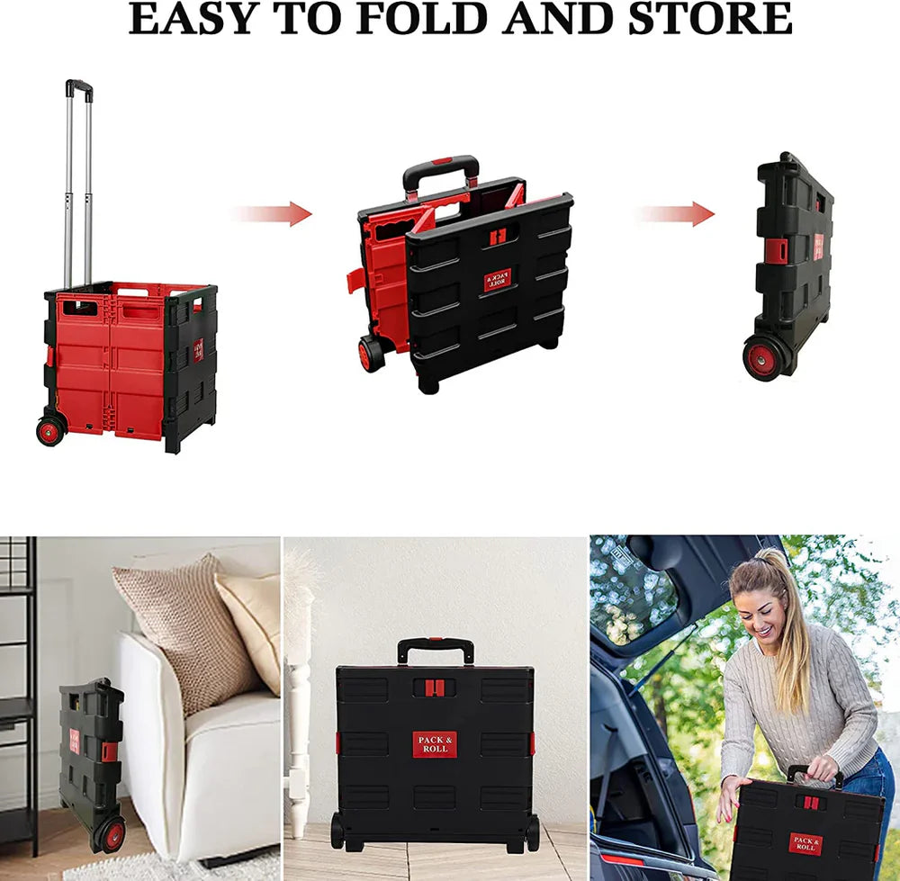 6PCS 44L Collapsible Rolling Crate Utility Cart Foldable Grocery Cart with Wheels, Red