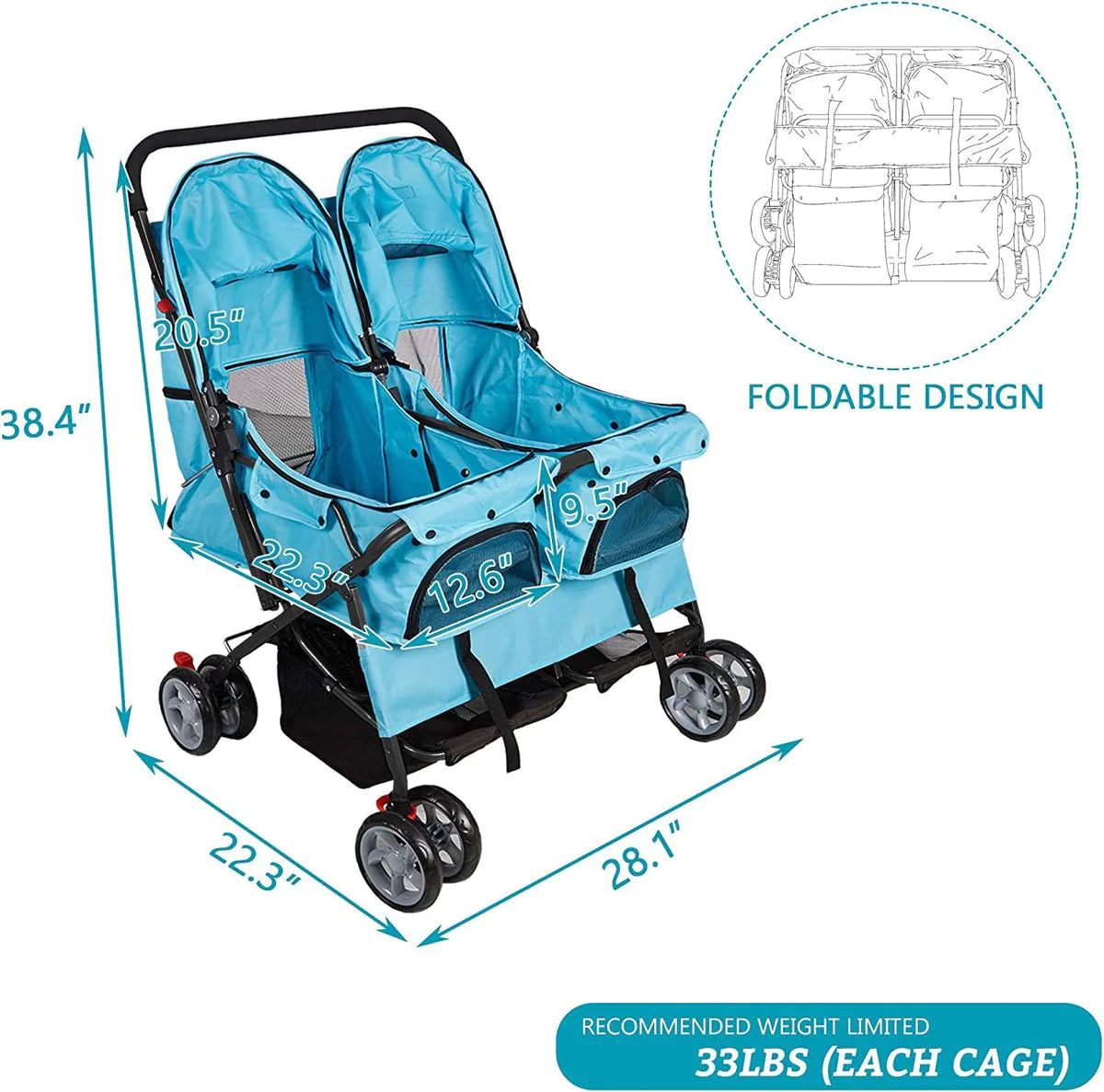 Double Seater Folding Dog Cat Pet Stroller Travel Carrier Jogger Stroller