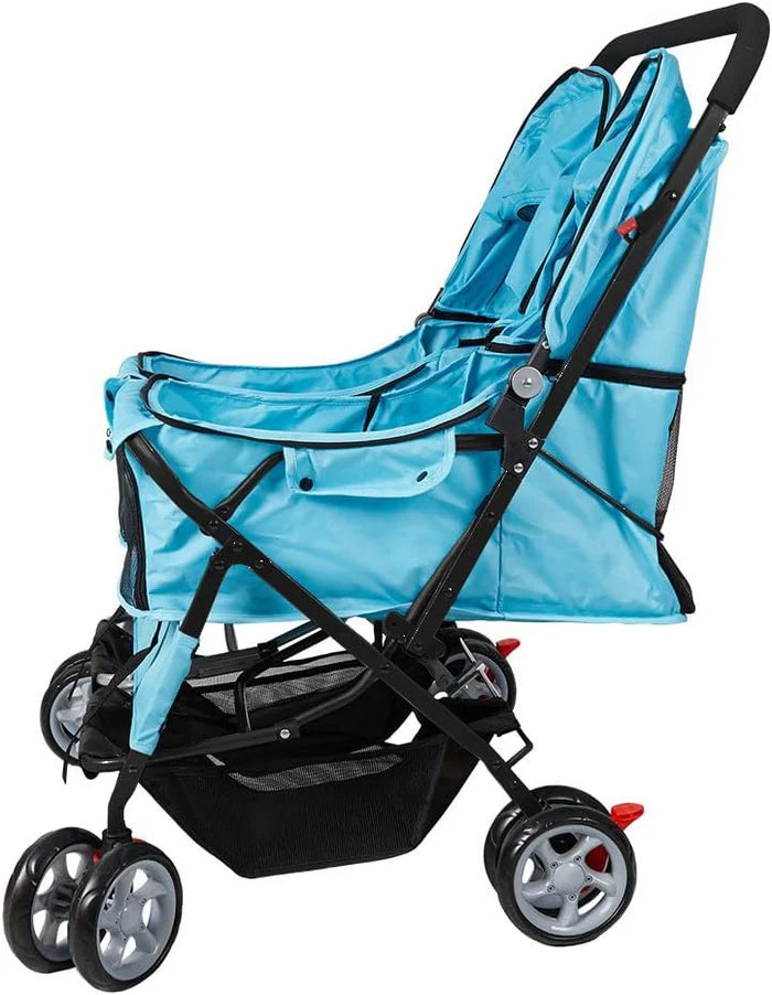 Double Seater Folding Dog Cat Pet Stroller Travel Carrier Jogger Stroller, Blue