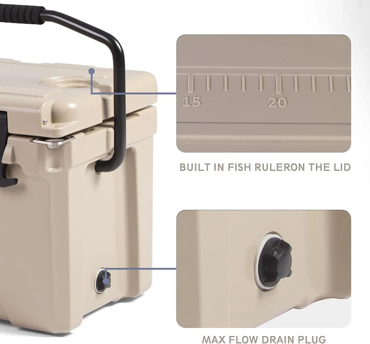 25QT Rotomolded Insulated Ice Cooler 3-5 Days Ice Chest with Built-in Fish Ruler, Bottle Opener, Cup Holder