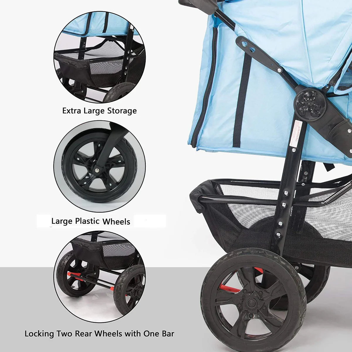 3-Wheel Folding Dog Stroller Pet Travel Carrier with Cup Holder and Storage Basket, Blue