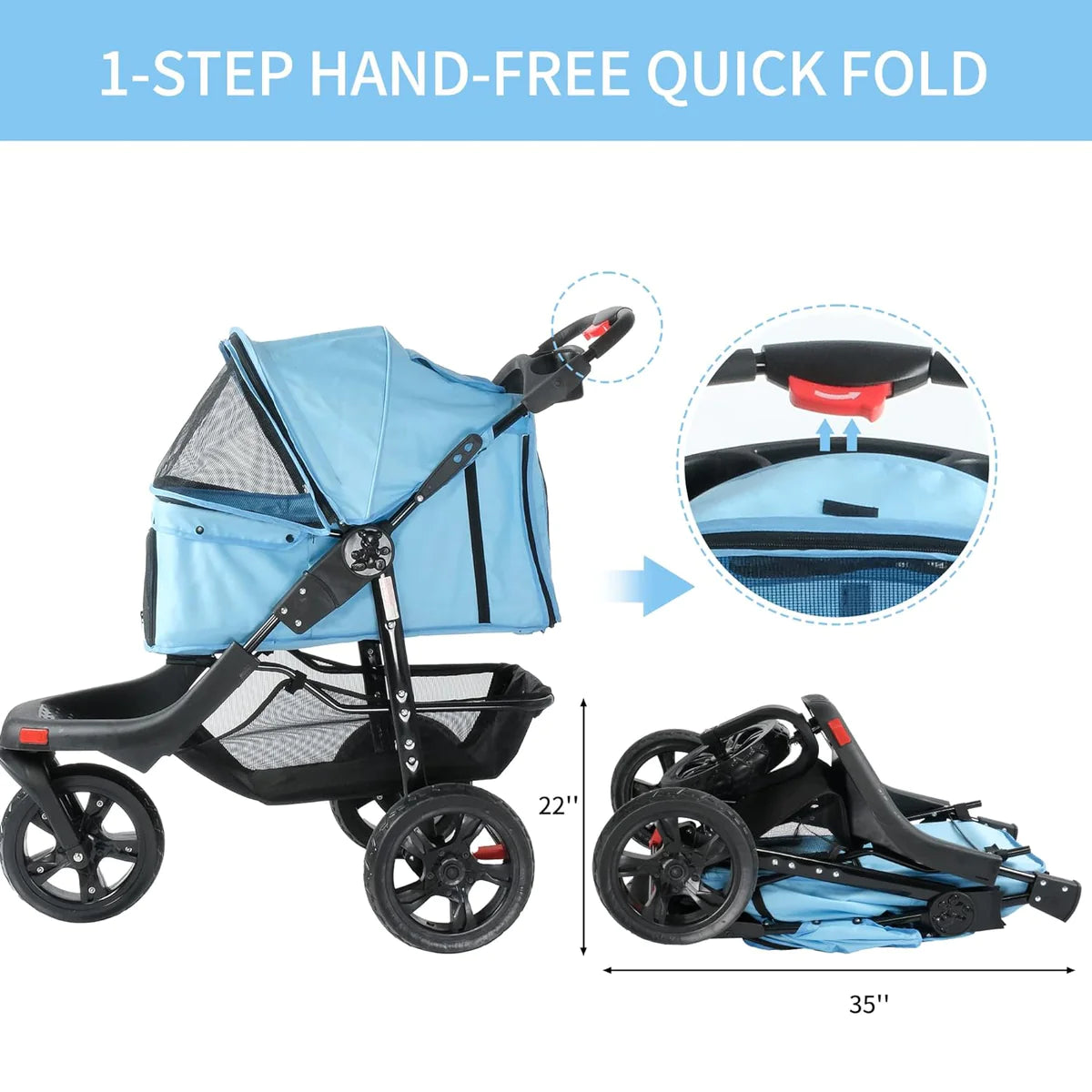 3-Wheel Folding Dog Stroller Pet Travel Carrier with Cup Holder and Storage Basket, Blue