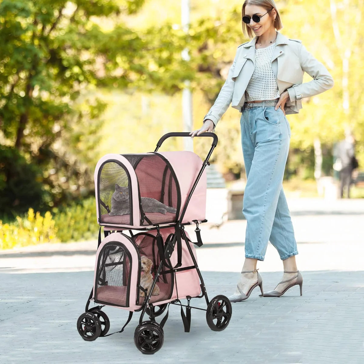 Portable and Foldable Double Cat Stroller on for Small Medium Dogs Cats, with 2 Detachable Carrier BagsPink