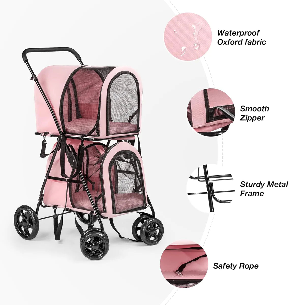 Portable and Foldable Double Cat Stroller on for Small Medium Dogs Cats, with 2 Detachable Carrier BagsPink