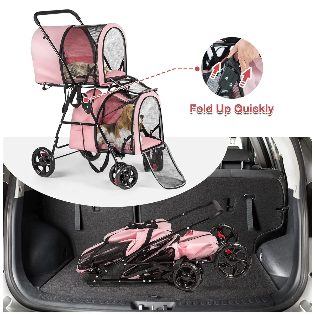 Portable and Foldable Double Cat Stroller on for Small Medium Dogs Cats, with 2 Detachable Carrier BagsPink