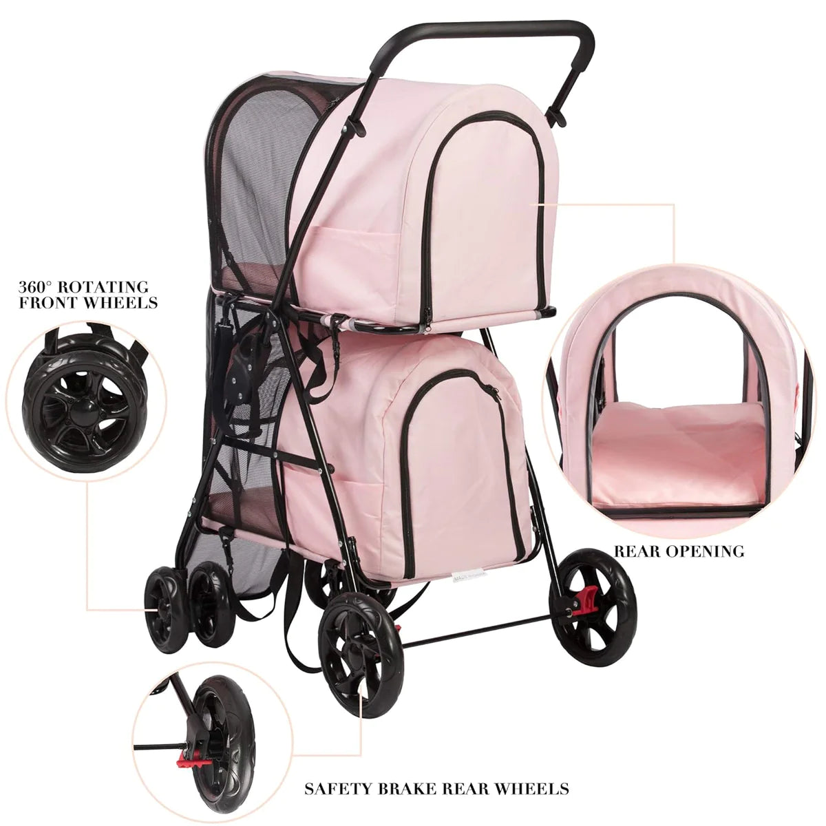 Portable and Foldable Double Cat Stroller on for Small Medium Dogs Cats, with 2 Detachable Carrier BagsPink