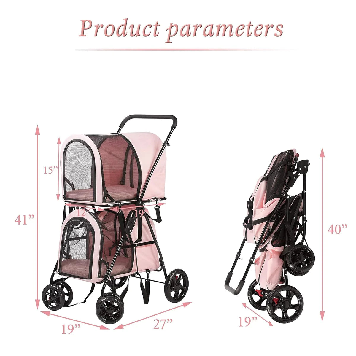 Portable and Foldable Double Cat Stroller on for Small Medium Dogs Cats, with 2 Detachable Carrier BagsPink