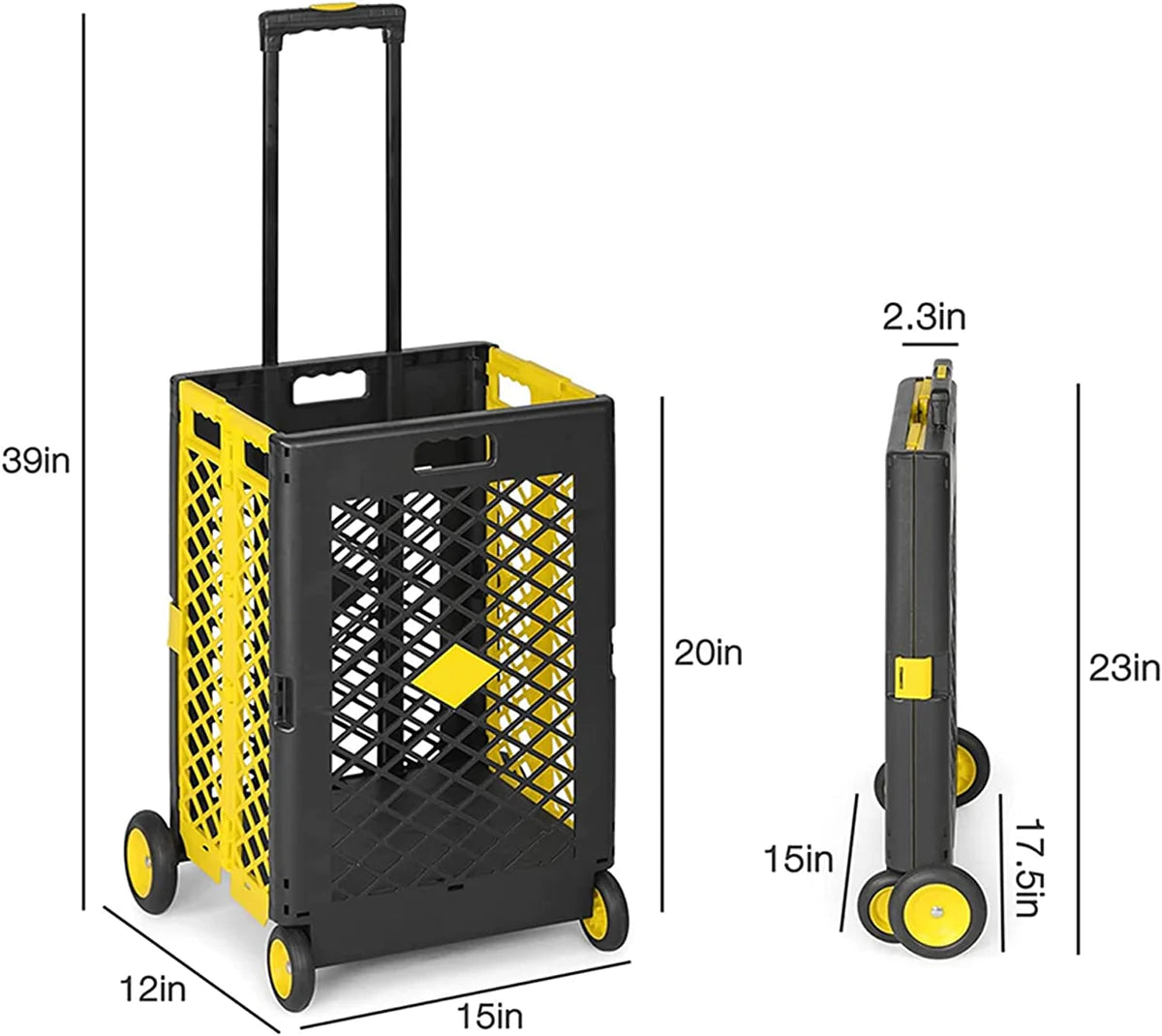 55L Folding Utility Shopping Cart with Wheels Telescopic Handle Collapsible Rolling Crate