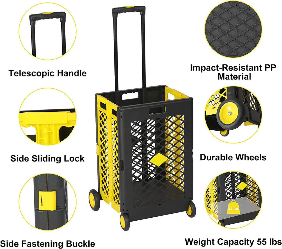 55L Folding Utility Shopping Cart with Wheels Telescopic Handle Collapsible Rolling Crate