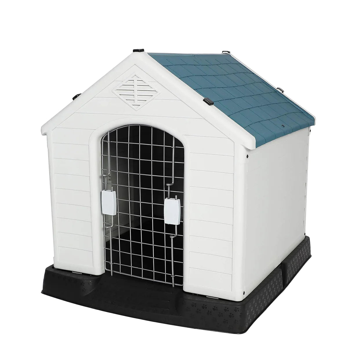 Outdoor Dog Houses Multiple Size Plastic Kennel with Mesh Iron Door, Blue and White