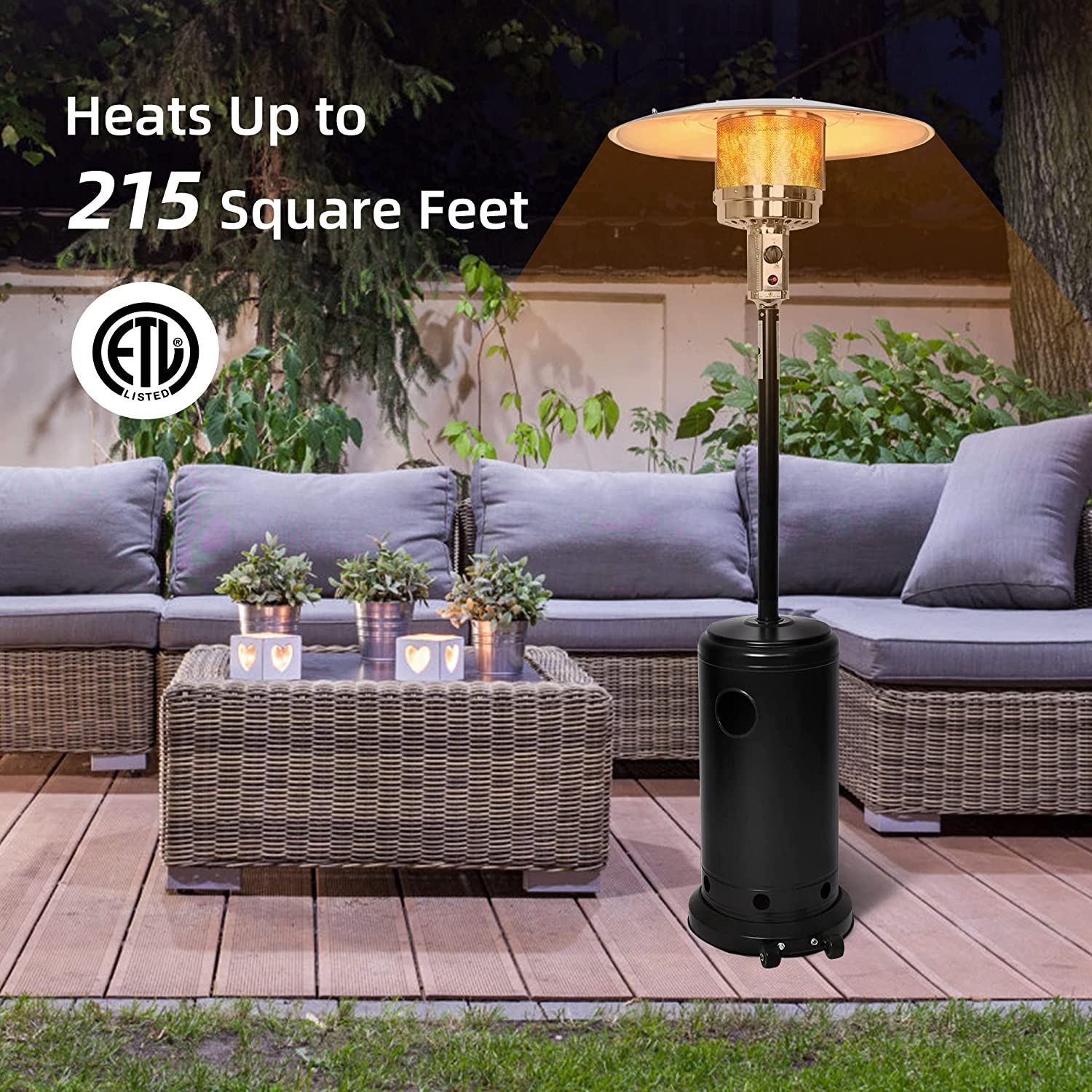 87  Outdoor Patio Heater Standing Gas LP Propane Heater with Wheels, 36000 BTU, Black