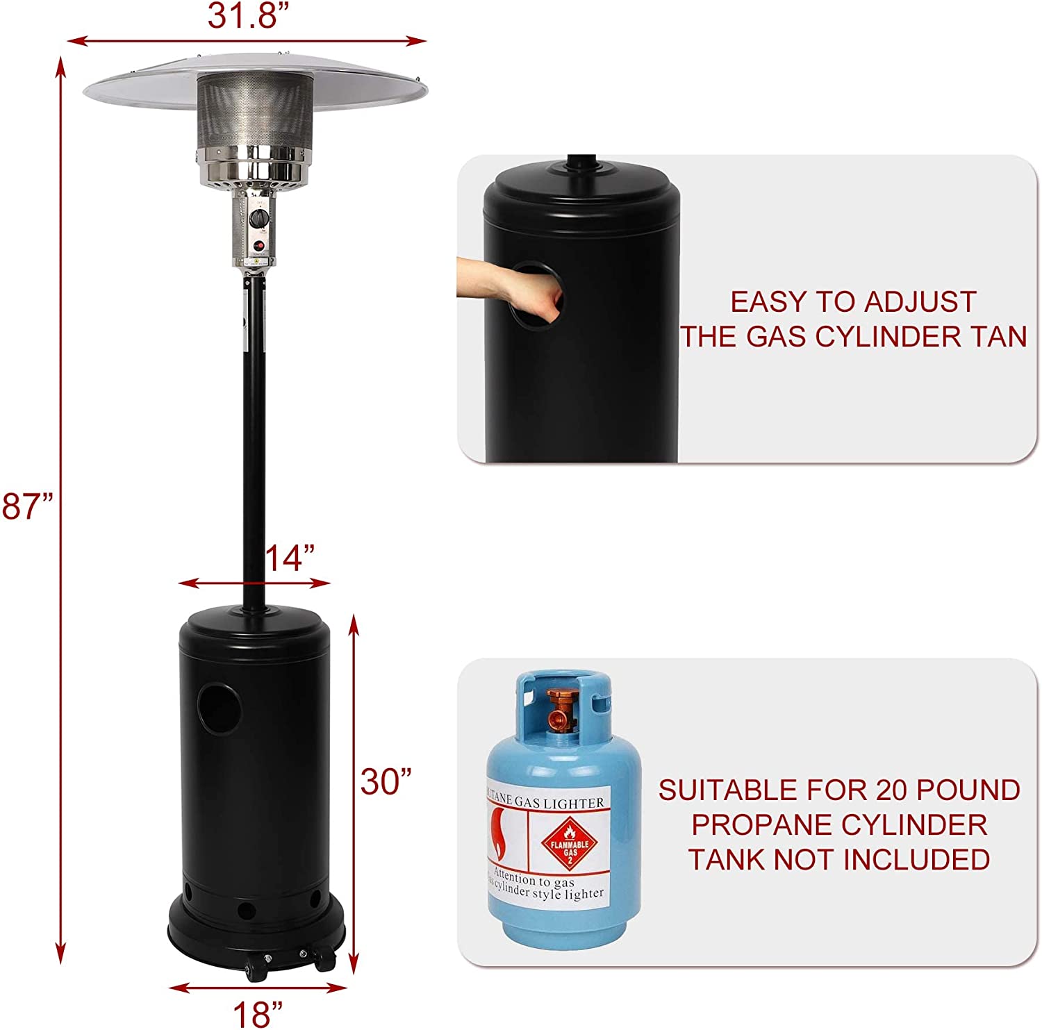 87  Outdoor Patio Heater Standing Gas LP Propane Heater with Wheels, 36000 BTU, Black