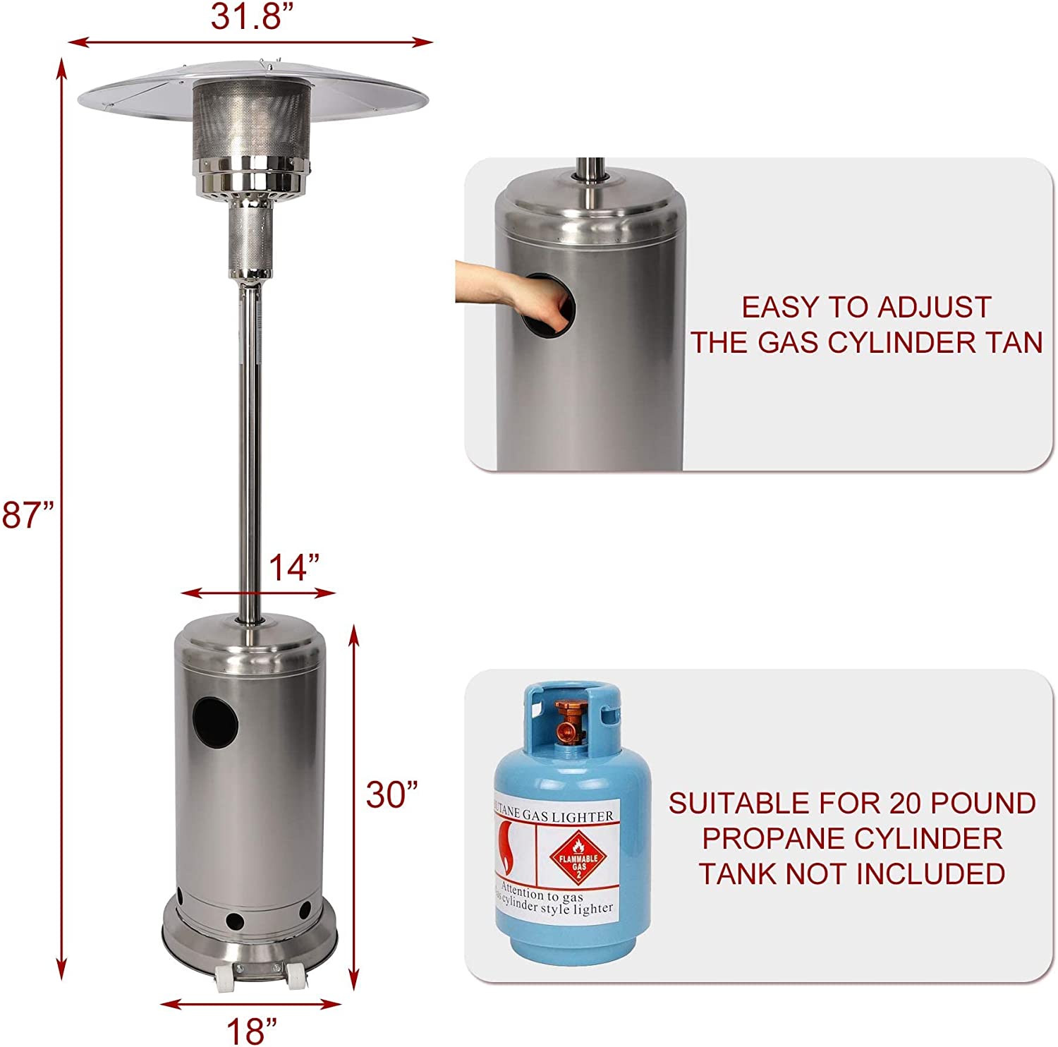 87" Outdoor Patio Heater Standing Gas LP Propane Heater with Wheels, 36000 BTU, Sliver