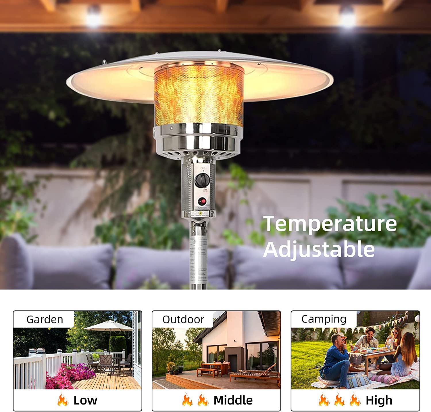 87" Outdoor Patio Heater Standing Gas LP Propane Heater with Wheels, 36000 BTU, Sliver