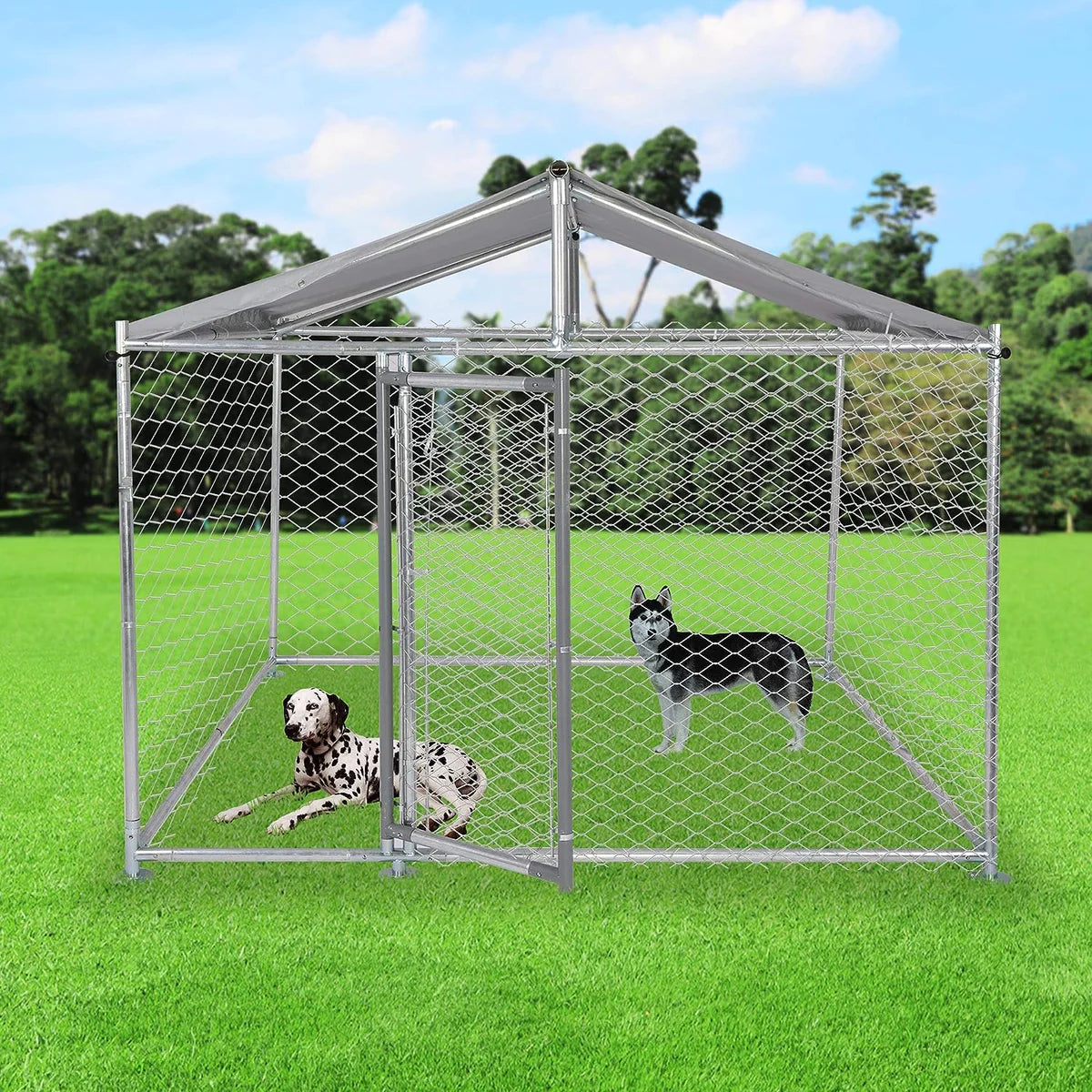 Outdoor Dog Kennel Galvanized Steel Pet Playpen with Waterproof Cover Secure Lock for Large Dog