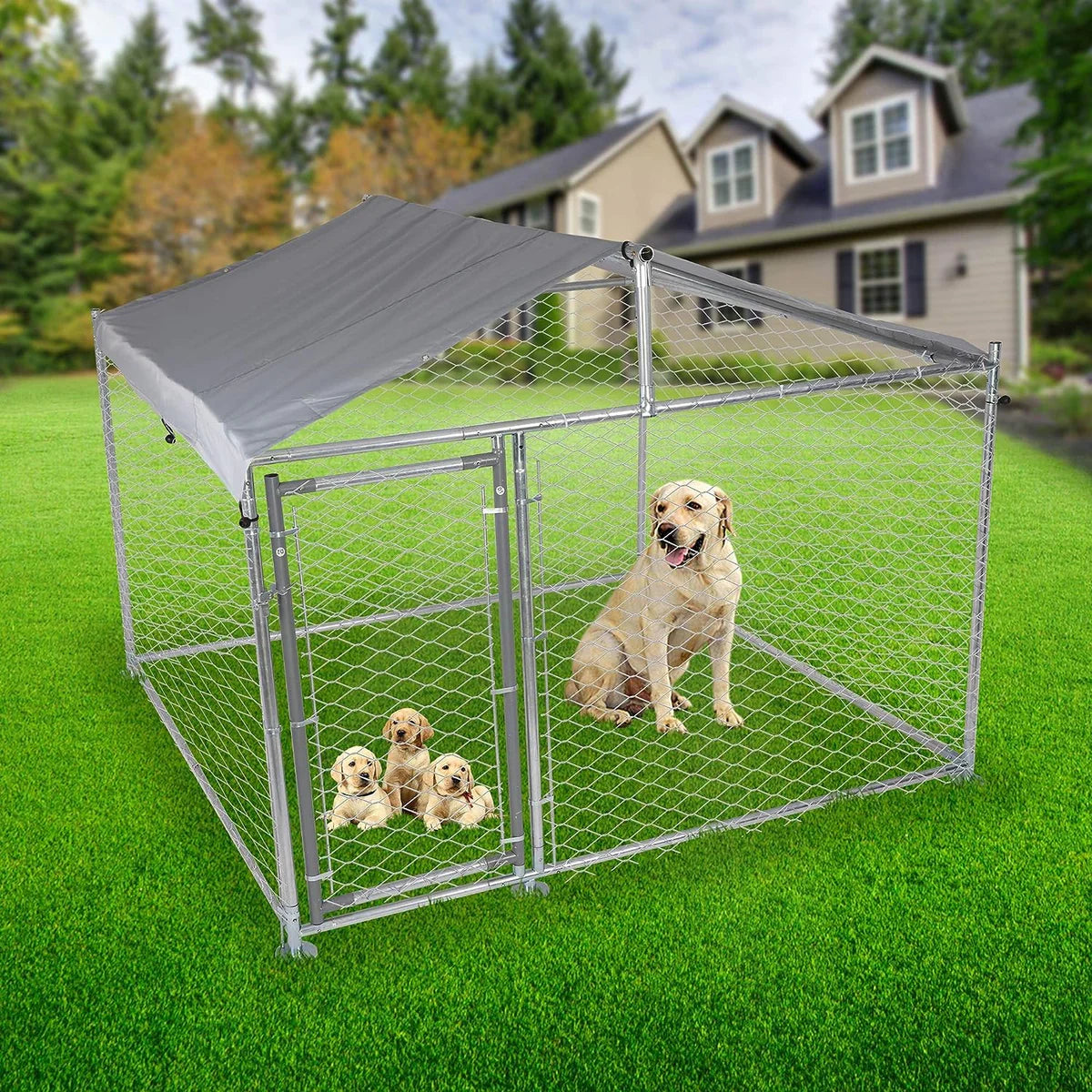 Outdoor Dog Kennel Galvanized Steel Pet Playpen with Waterproof Cover Secure Lock for Large Dog