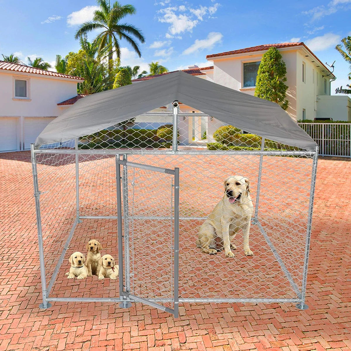 Outdoor Dog Kennel Galvanized Steel Pet Playpen with Waterproof Cover Secure Lock for Large Dog