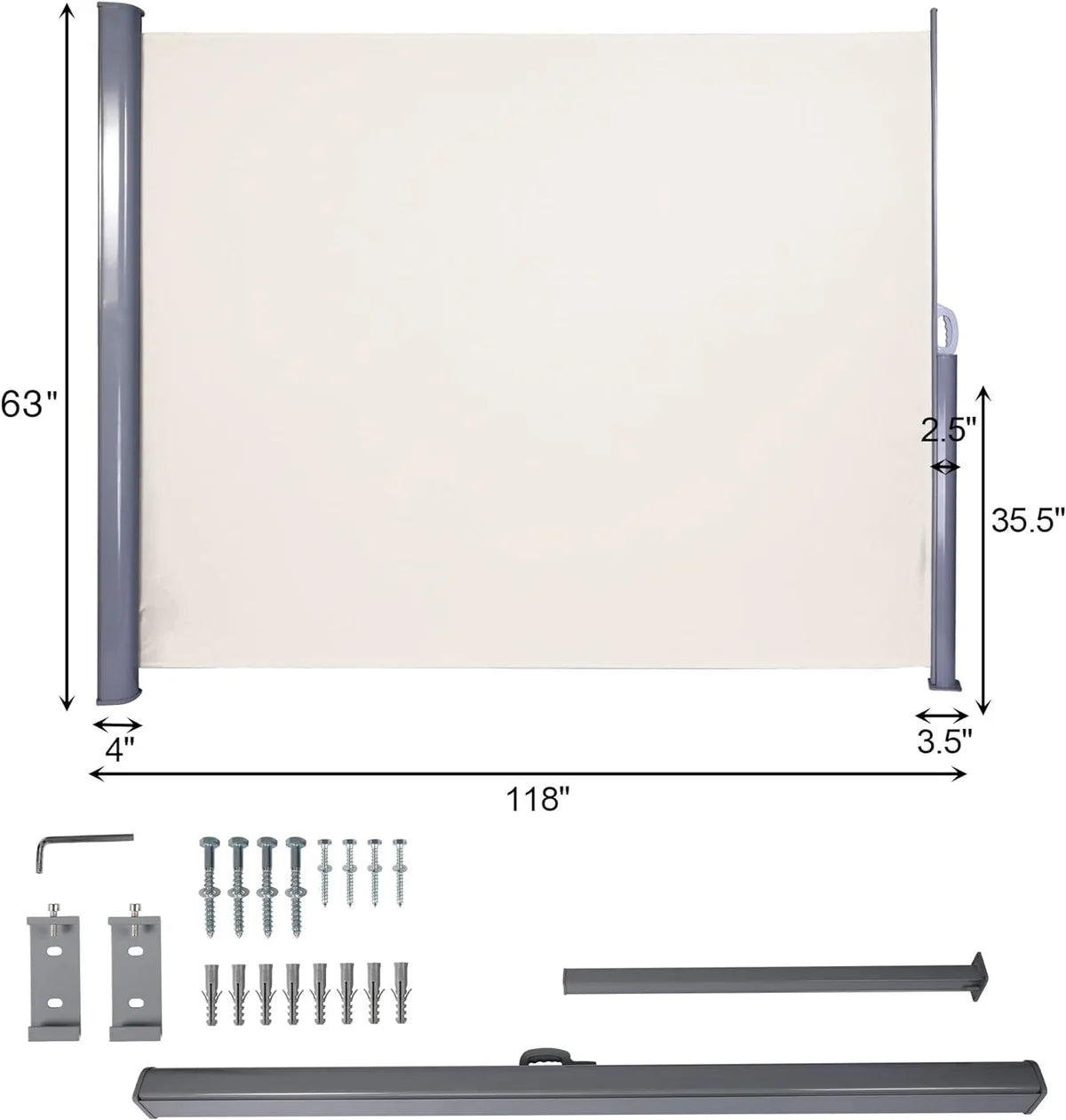 118"L x 63"H Retractable Side Awning Aluminum Patio Outdoor Folding Privacy Divider, Beige