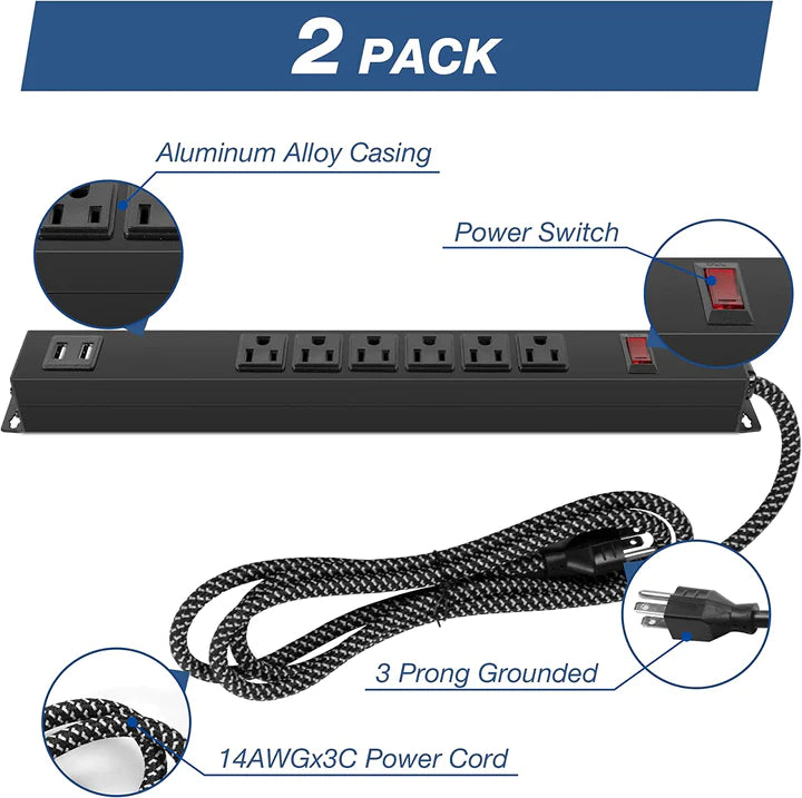 2 Pack Long Power Strip, 6 Metal Power Outlets 2 USB Ports, 6 ft Long Extension Cord with Hook & Loop, Black | karmasfar.us