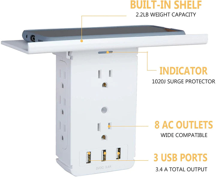 Wall Outlet Extender-2 Pack Surge Protector Multifunctional Outlet Wall Plug with 3 USB Ports