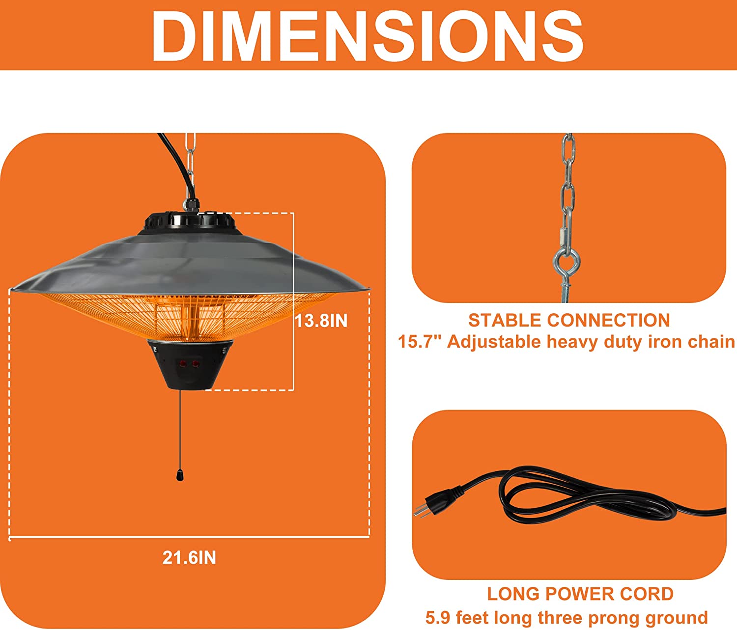 Electric Patio Heater, Ceiling Mounted or Hanging Patio Infrared heater, Waterproof IP24