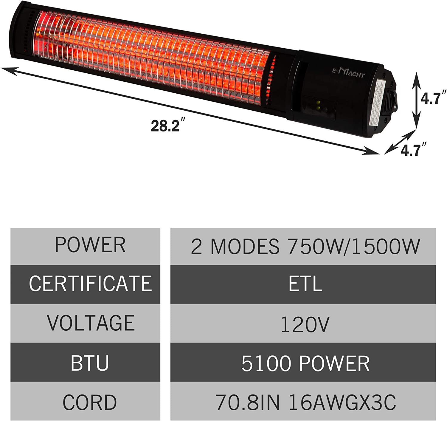 750W/1500W Wall Mounted Electric Patio Heater with Remote Control for Garage Ceiling Porch Home Backyard