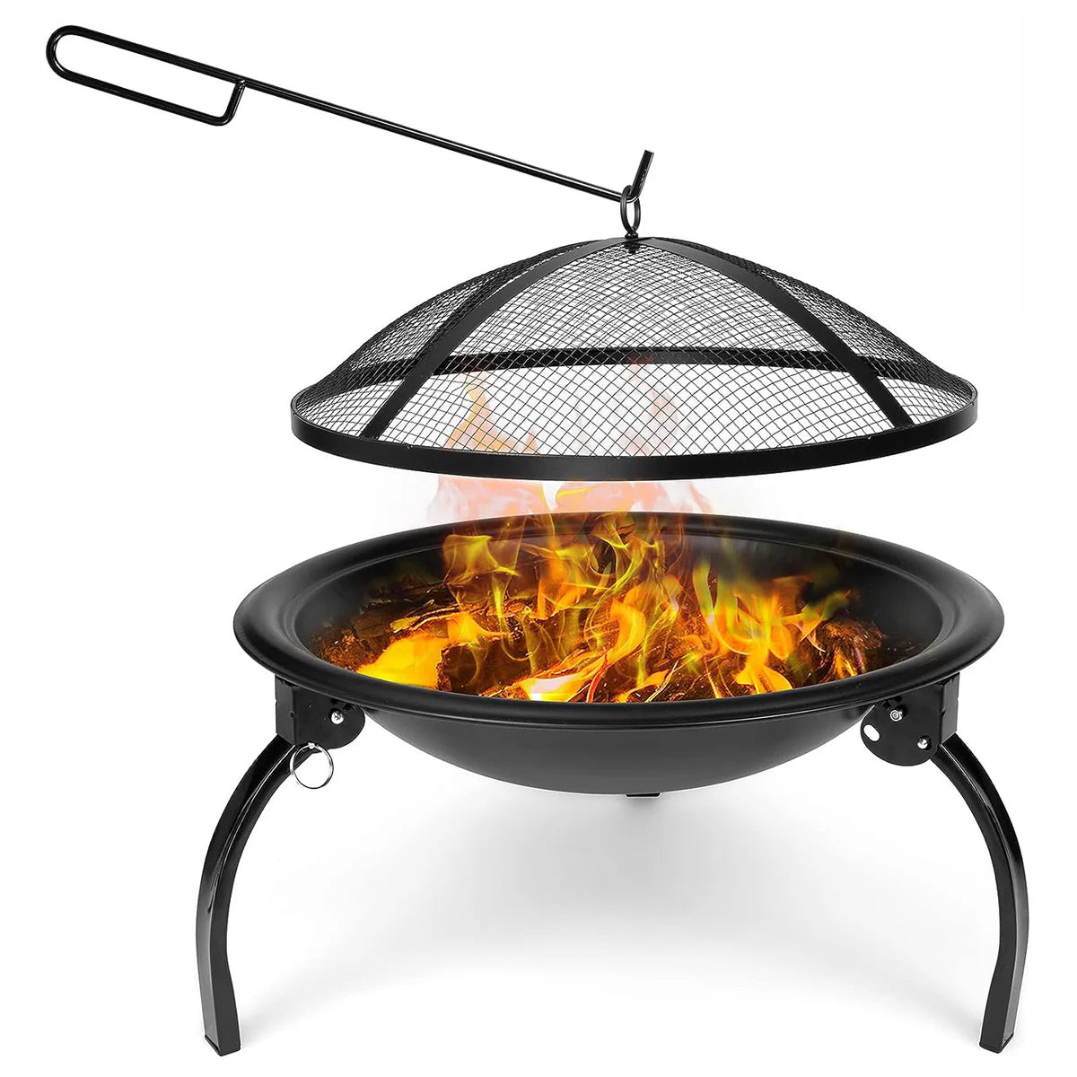22" Round Foldable Outdoor Fire Pits Patio Garden Fireplace BBQ Grill with Spark Mesh Cover