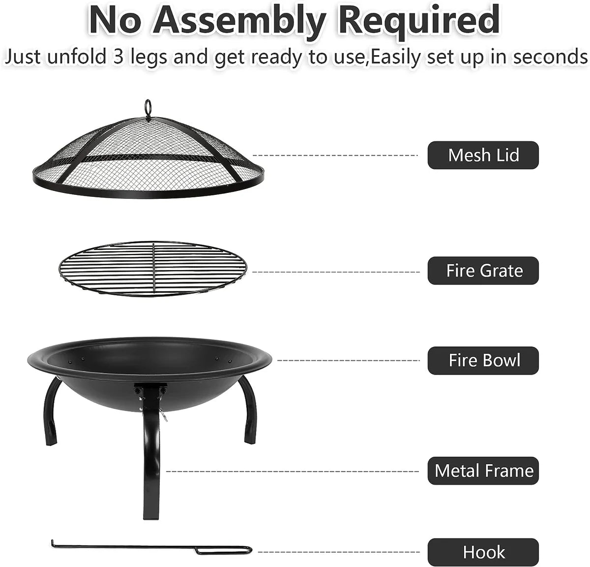22" Round Foldable Outdoor Fire Pits Patio Garden Fireplace BBQ Grill with Spark Mesh Cover