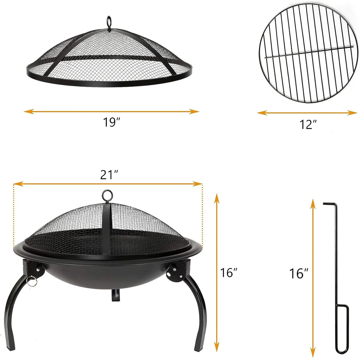 22  Round Foldable Outdoor Fire Pits Patio Garden Fireplace BBQ Grill with Spark Mesh Cover