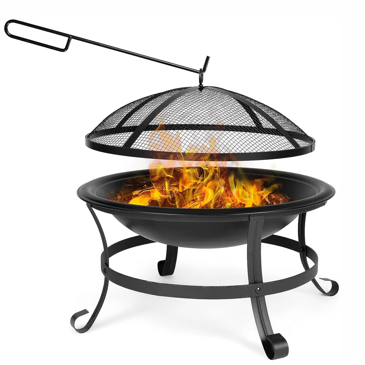 22" Round Outdoor Fire Pits Patio Garden Fireplace BBQ Grill with Spark Mesh Cover